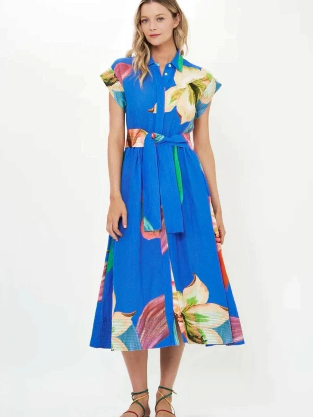 OLIPHANT Floral Midi Dress in Blue & Green Like New